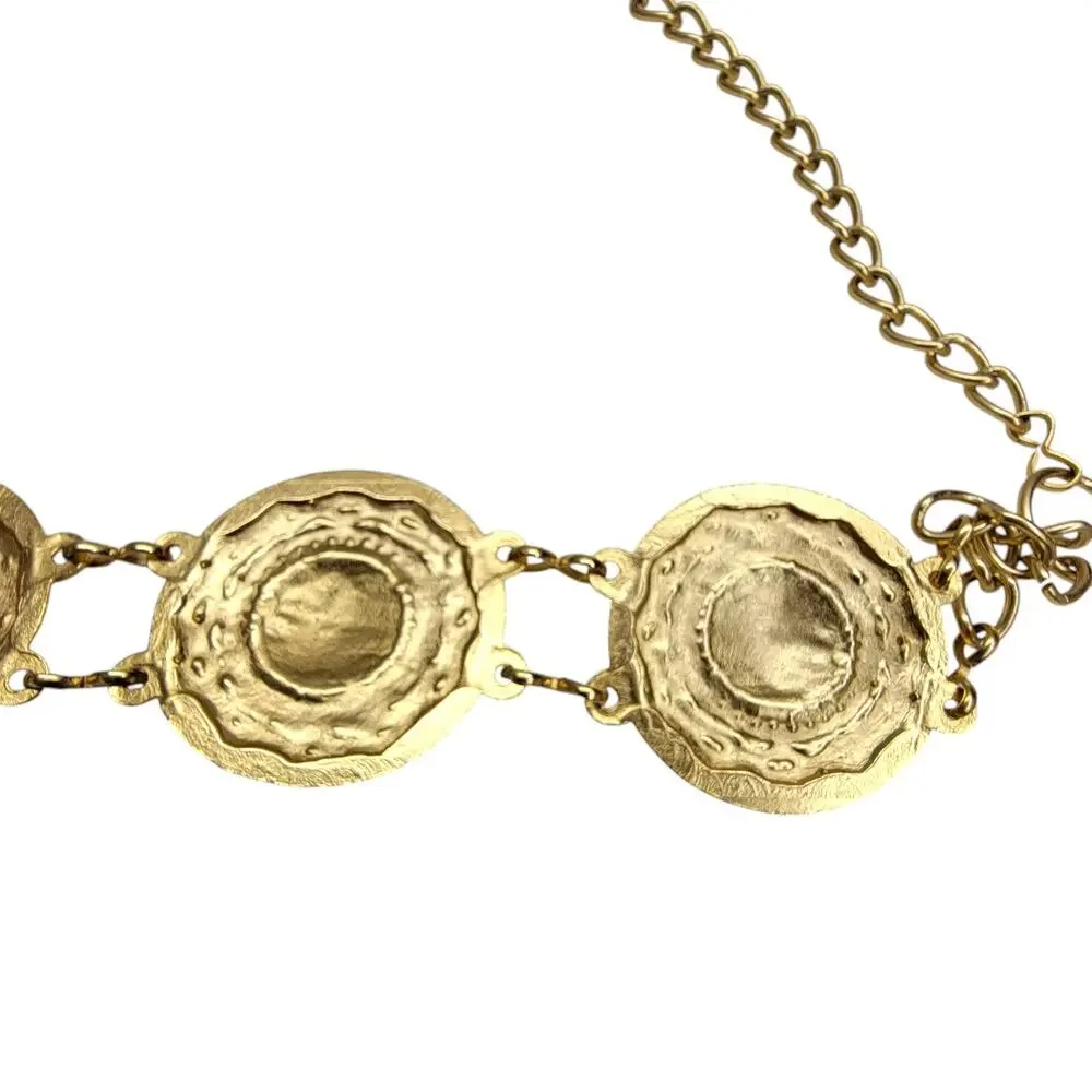 Vintage Gold Tone Medallion Chain Belt Baroque Coin Crest Adjustable Waist